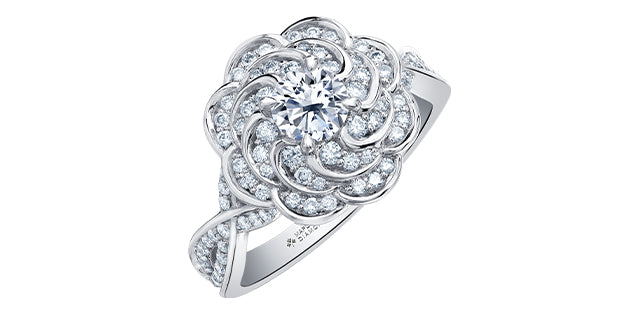 Anillo de compromiso con halo de diamantes canadienses de 0,88 quilates en oro blanco de 18 quilates y paladio