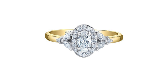 Anillo de compromiso de diamantes canadienses de talla brillante redonda, marquesa y ovalada de 0,53 quilates en oro amarillo de 14 quilates
