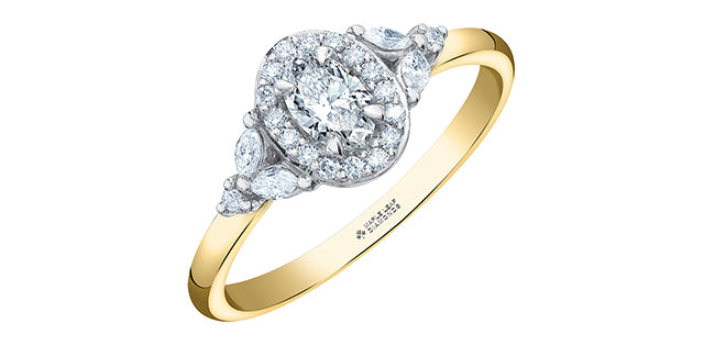 Anillo de compromiso de diamantes canadienses de talla brillante redonda, marquesa y ovalada de 0,53 quilates en oro amarillo de 14 quilates