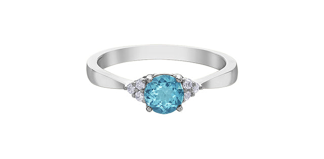 10K White Gold Blue Topaz and 0.06cttw Diamond Ring - Size 6