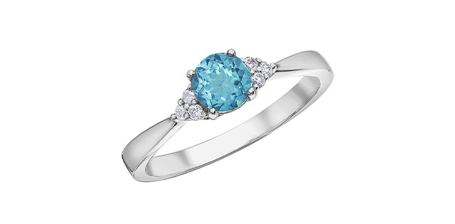 10K White Gold Blue Topaz and 0.06cttw Diamond Ring - Size 6