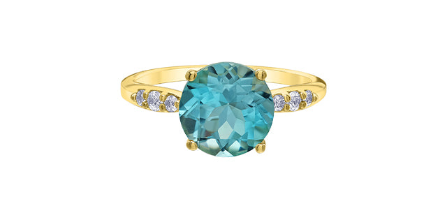 10K Yellow Gold 9mm Cushion Cut Sky Blue Topaz and 0.12cttw Diamond Ring