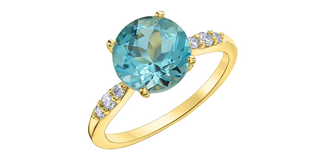 10K Yellow Gold 9mm Cushion Cut Sky Blue Topaz and 0.12cttw Diamond Ring