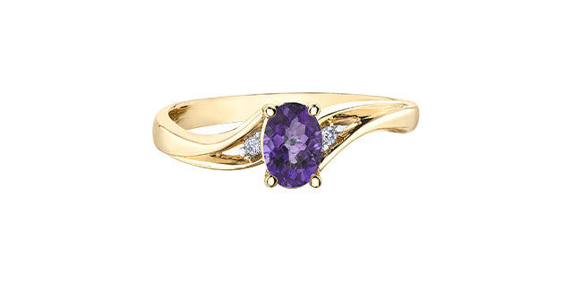 10K Yellow Gold Genuine Amethyst &amp; Diamond Ring