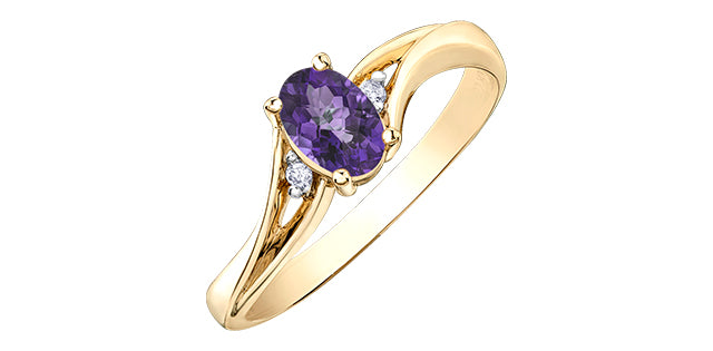 10K Yellow Gold Genuine Amethyst &amp; Diamond Ring