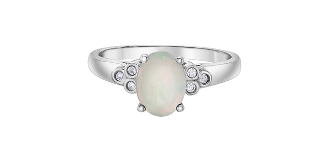 10K White Gold Opal and Diamond Ring, Size 6.5