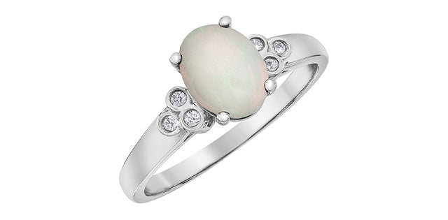 10K White Gold Opal and Diamond Ring, Size 6.5