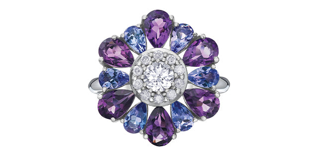 10K White Gold Amethyst, Tanzanite &amp; Diamond Ring