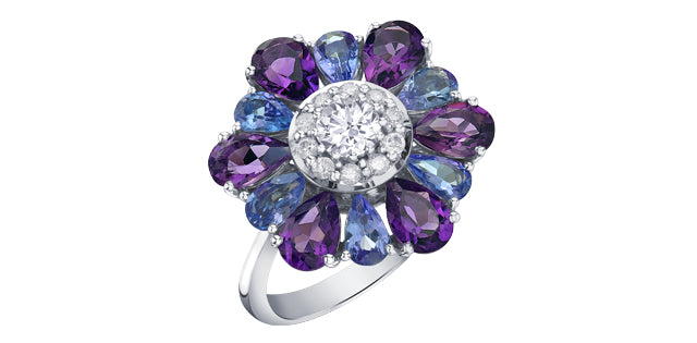 10K White Gold Amethyst, Tanzanite &amp; Diamond Ring