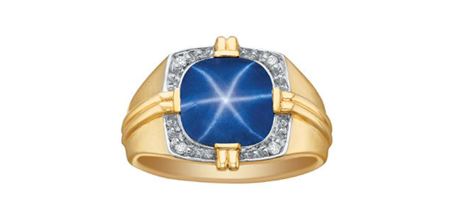 10K Yellow Gold Synthetic Star Sapphire and Diamond Gents Ring, size 10
