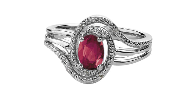 925 Sterling Silver 7 x 5mm Ruby and 0.03cttw Diamond Ring