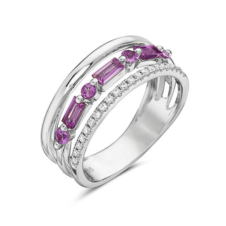 Anillo de diamantes y zafiro rosa en oro blanco de 14 quilates