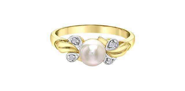 10K Yellow Gold Pearl and 0.04cttw Diamond Ring