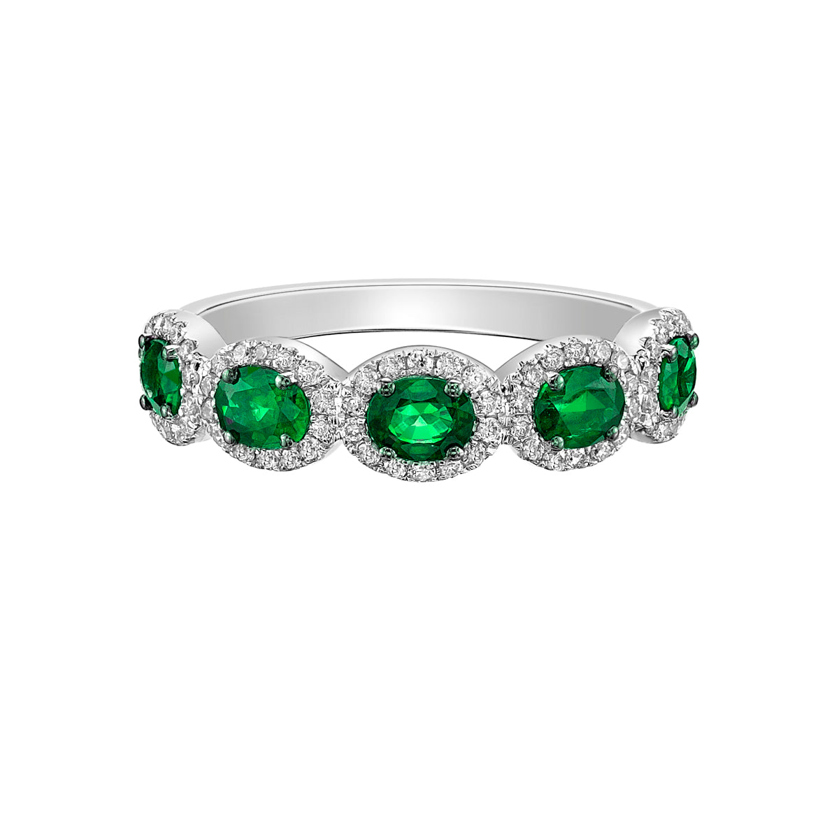 14K White Gold Prong-set Emerald ring with Diamond Halo