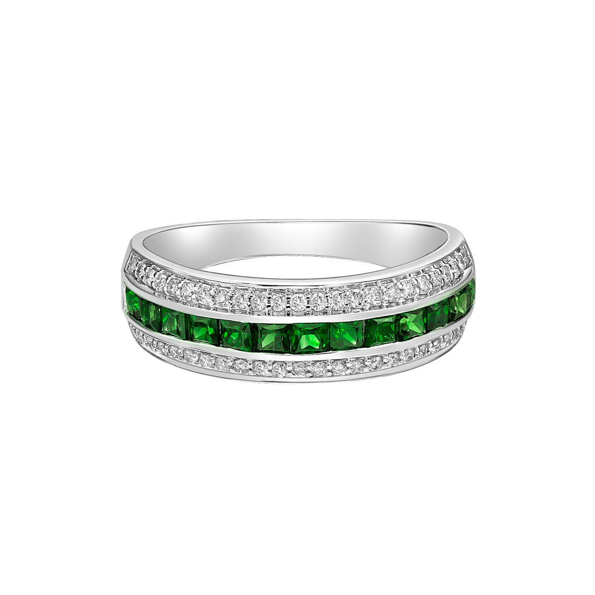 14K White Gold Channel-set Emerald ring with Diamonds