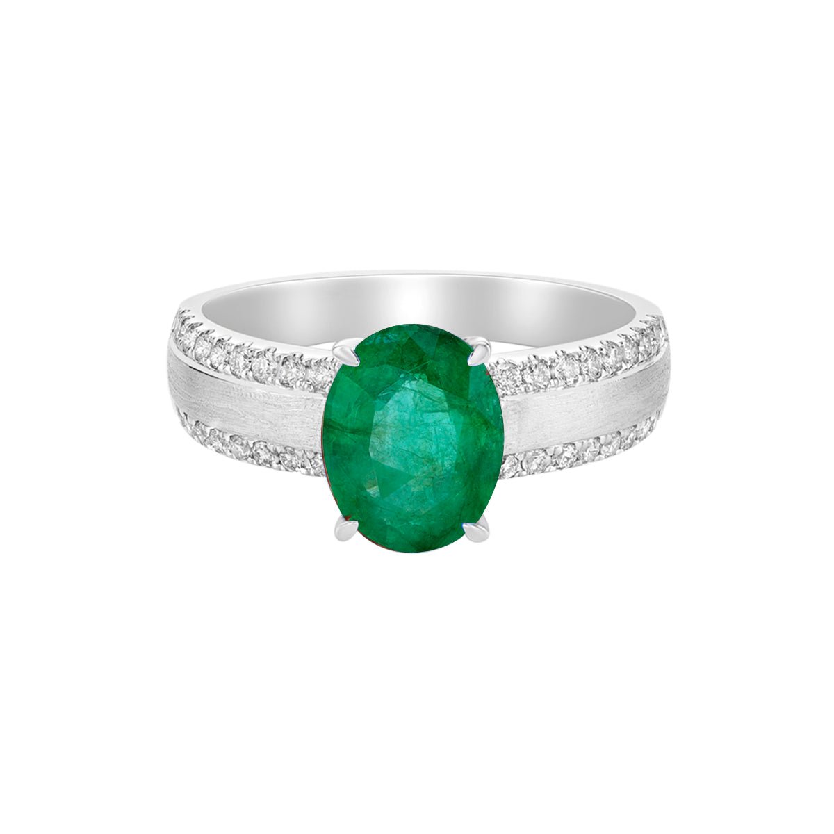 14K White Gold Brushed Emerald &amp; Diamond ring