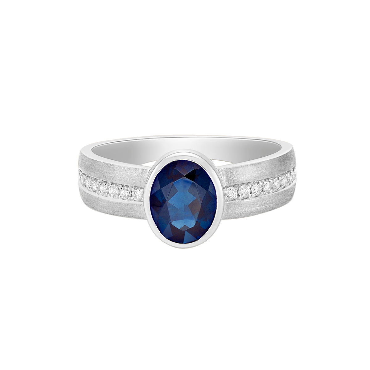 14K White Gold Brushed Sapphire &amp; Diamond ring