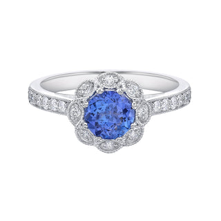 14K White Gold Vintage-inspired Floral Round Tanzanite Ring