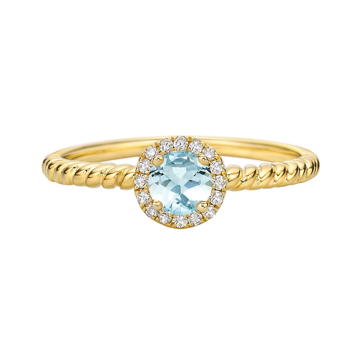 10K Yellow Gold Rope Aquamarine ring with Diamond Halo