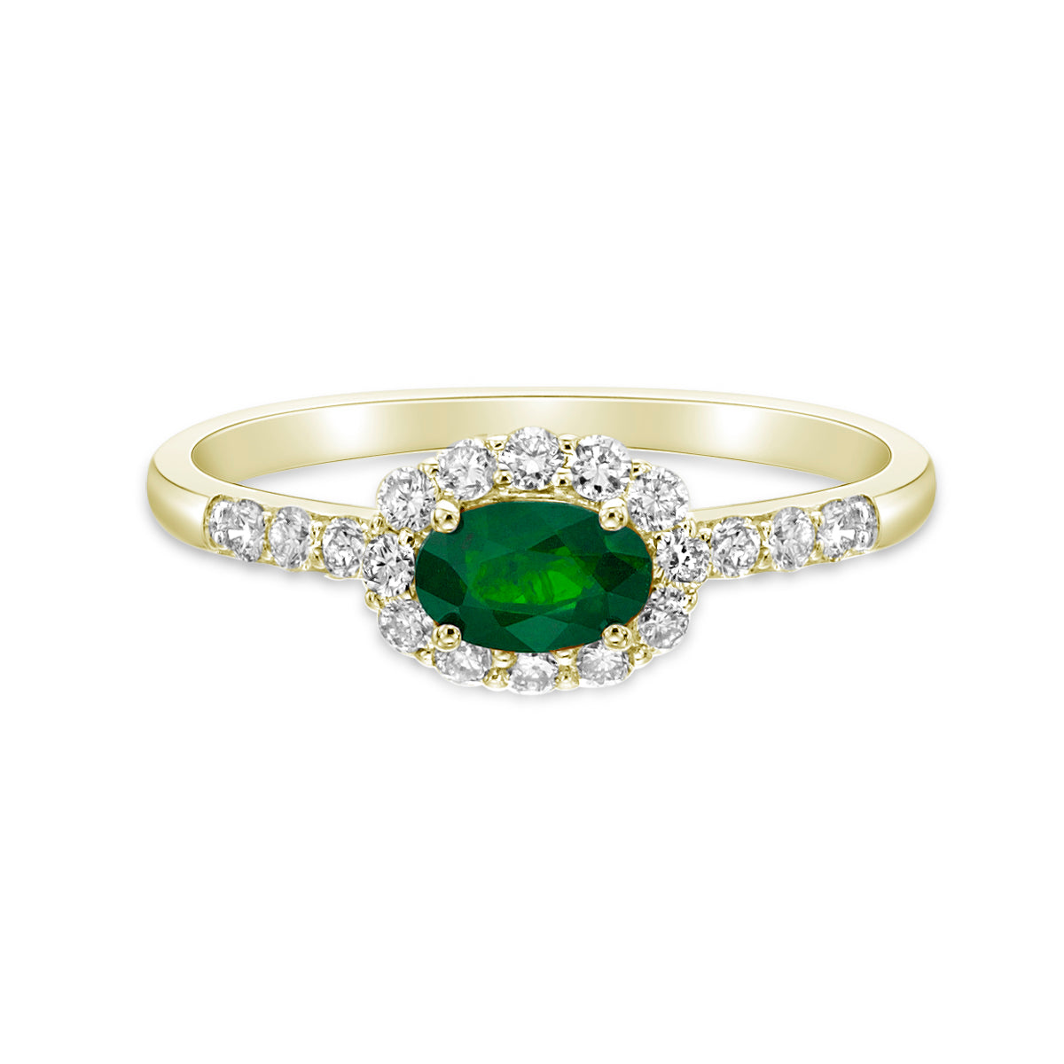 14K Yellow Gold Emerald ring with Diamond halo