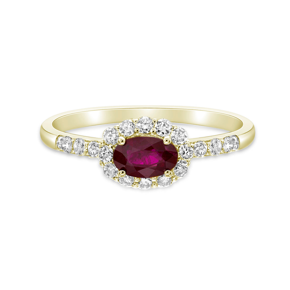 14K Yellow Gold Ruby ring with Diamond halo