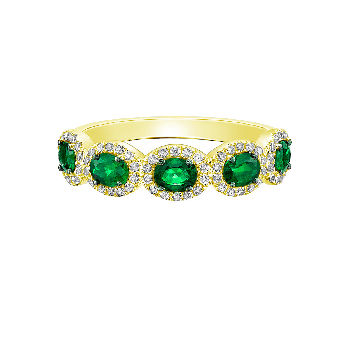 14K Yellow Gold Prong-set Emerald Ring with Diamond Halo