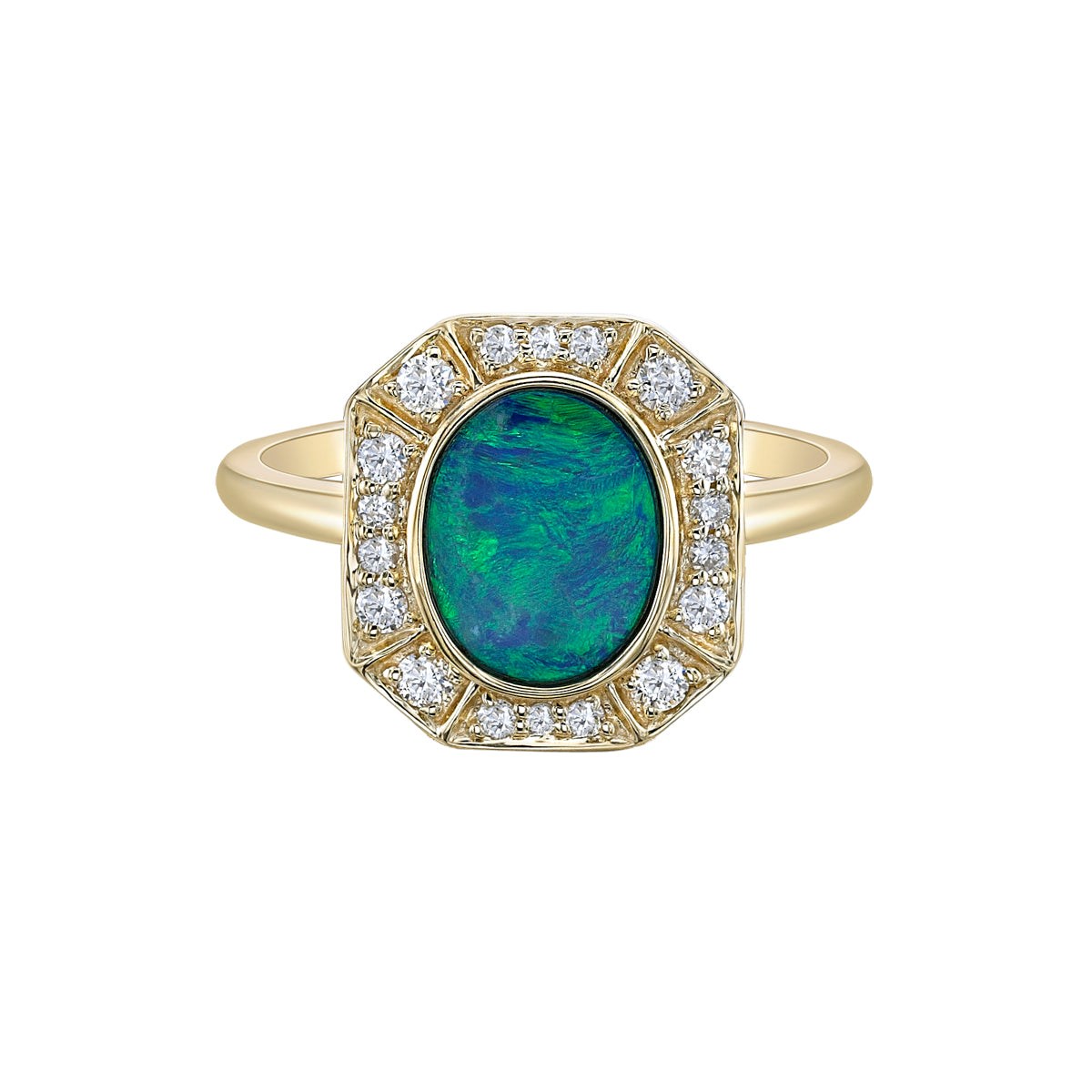 10K Yellow Gold Bezel-set Australian Opal doublet ring with Diamond Halo