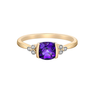 Anillo de oro amarillo de 10 quilates con amatista y diamantes, talla 6