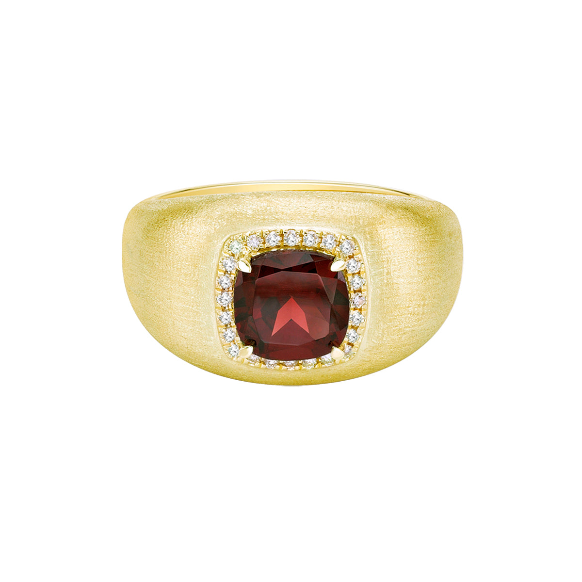 10K Yellow Gold Brushed ring with Garnet &amp; Diamonds