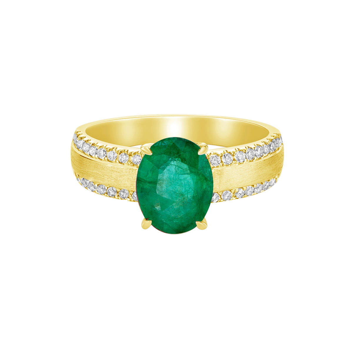 14K Yellow Gold Brushed Emerald &amp; Diamond ring