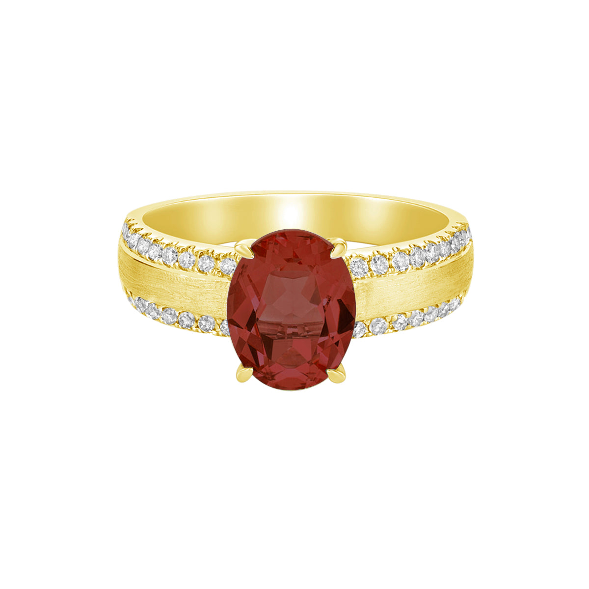 10K Yellow Gold Brushed Garnet ring with Diamonds