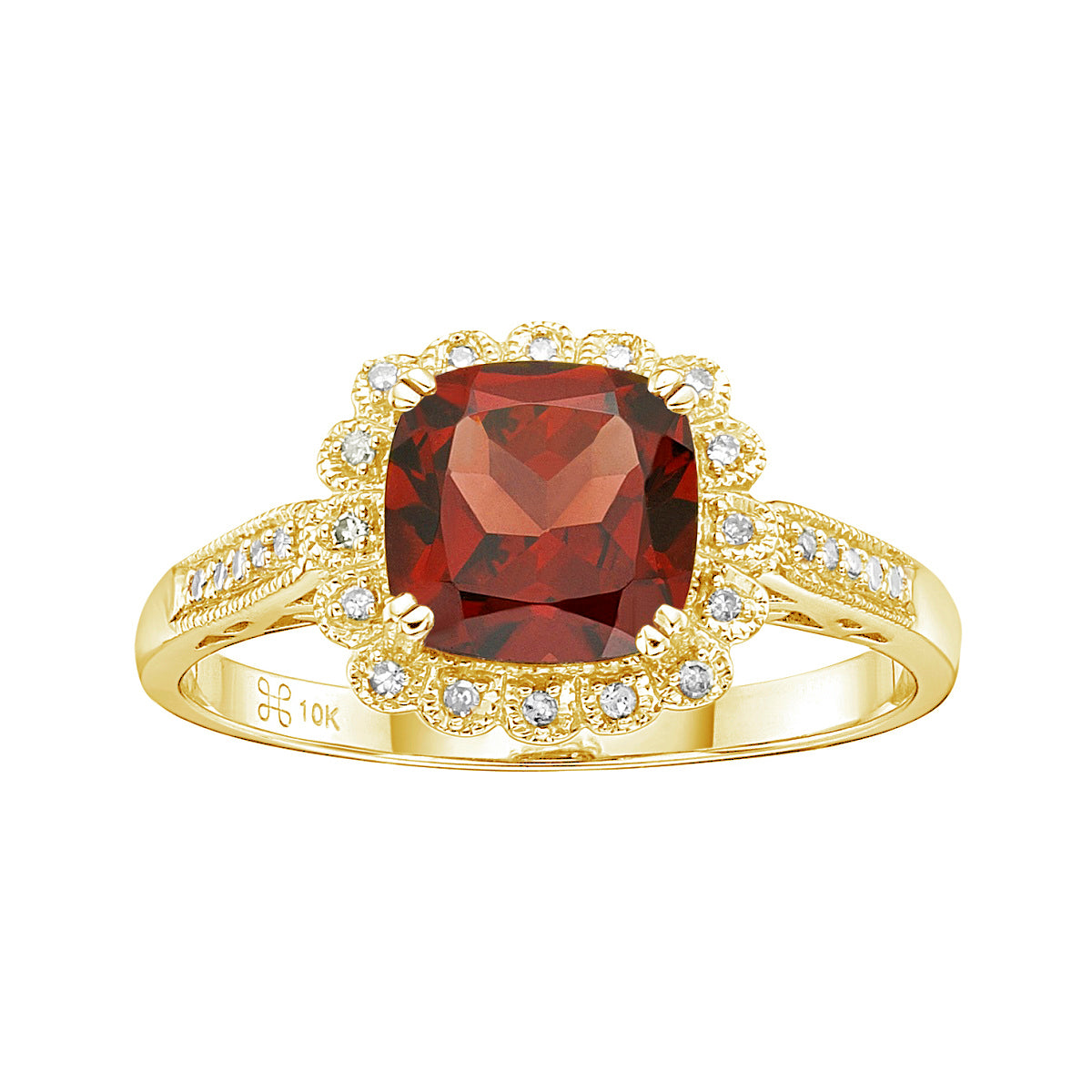 10K Yellow Gold Prong-set Garnet ring with Diamond halo