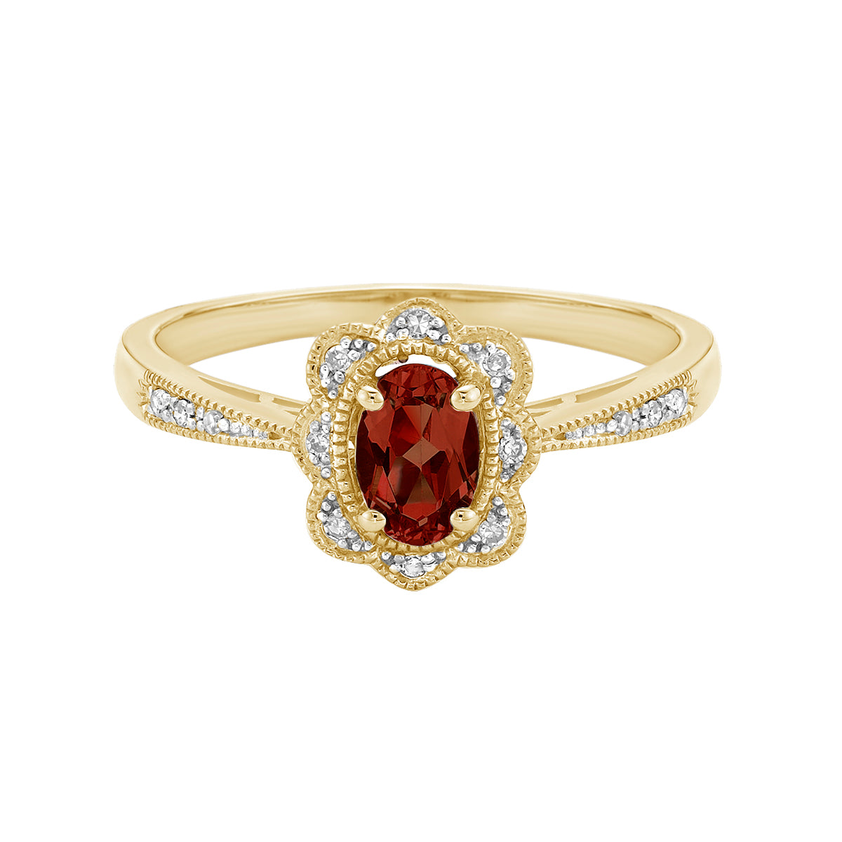 10K Yellow Gold Garnet ring with Diamond halo