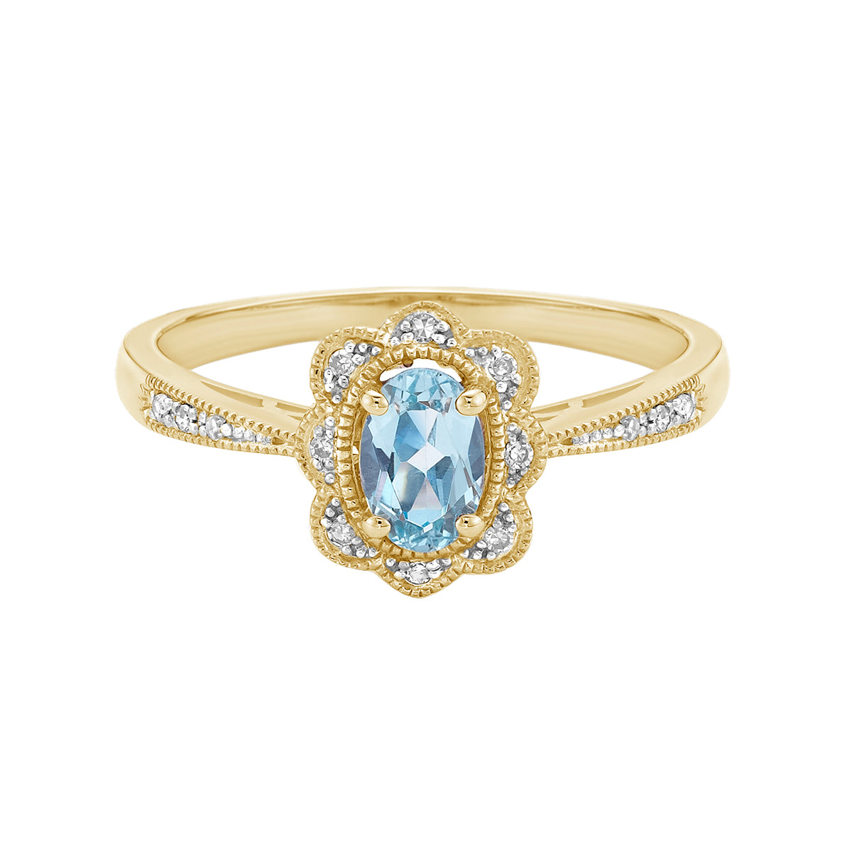 10K Yellow Gold Aquamarine ring with diamond halo