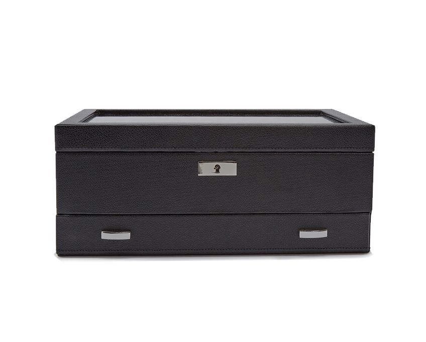 A black 10 piece watch box with a drawer, featuring a leather exterior and ebony macassar polished wood detailing.