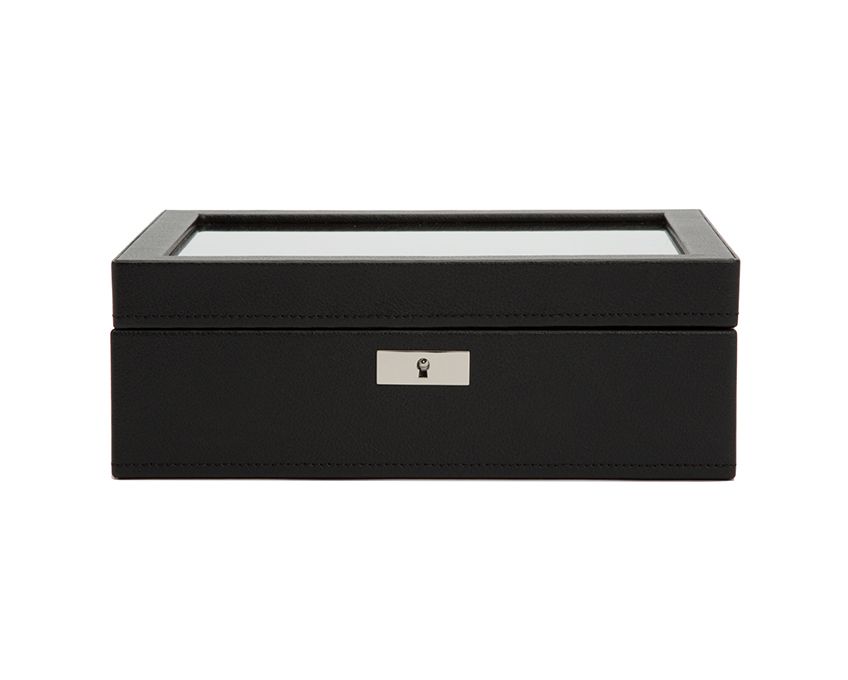 A black leather watch box with a polished wooden lid featuring a small round window and a silver-tone lock.