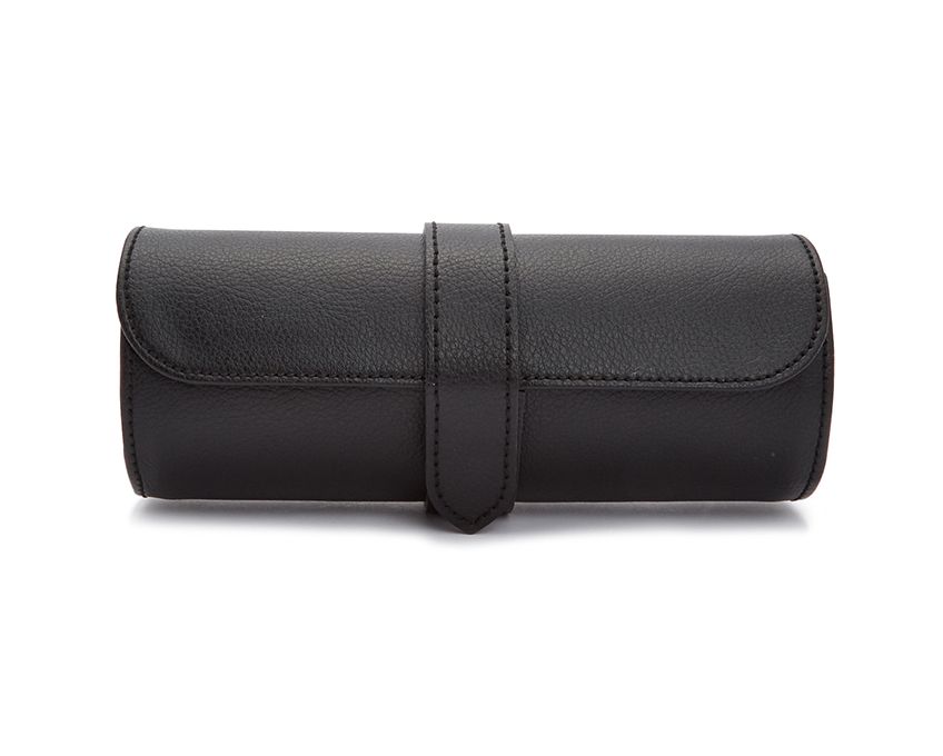 A black leather watch roll with a zipper closure, designed to hold multiple watches, featuring a smooth finish and stitched detailing.