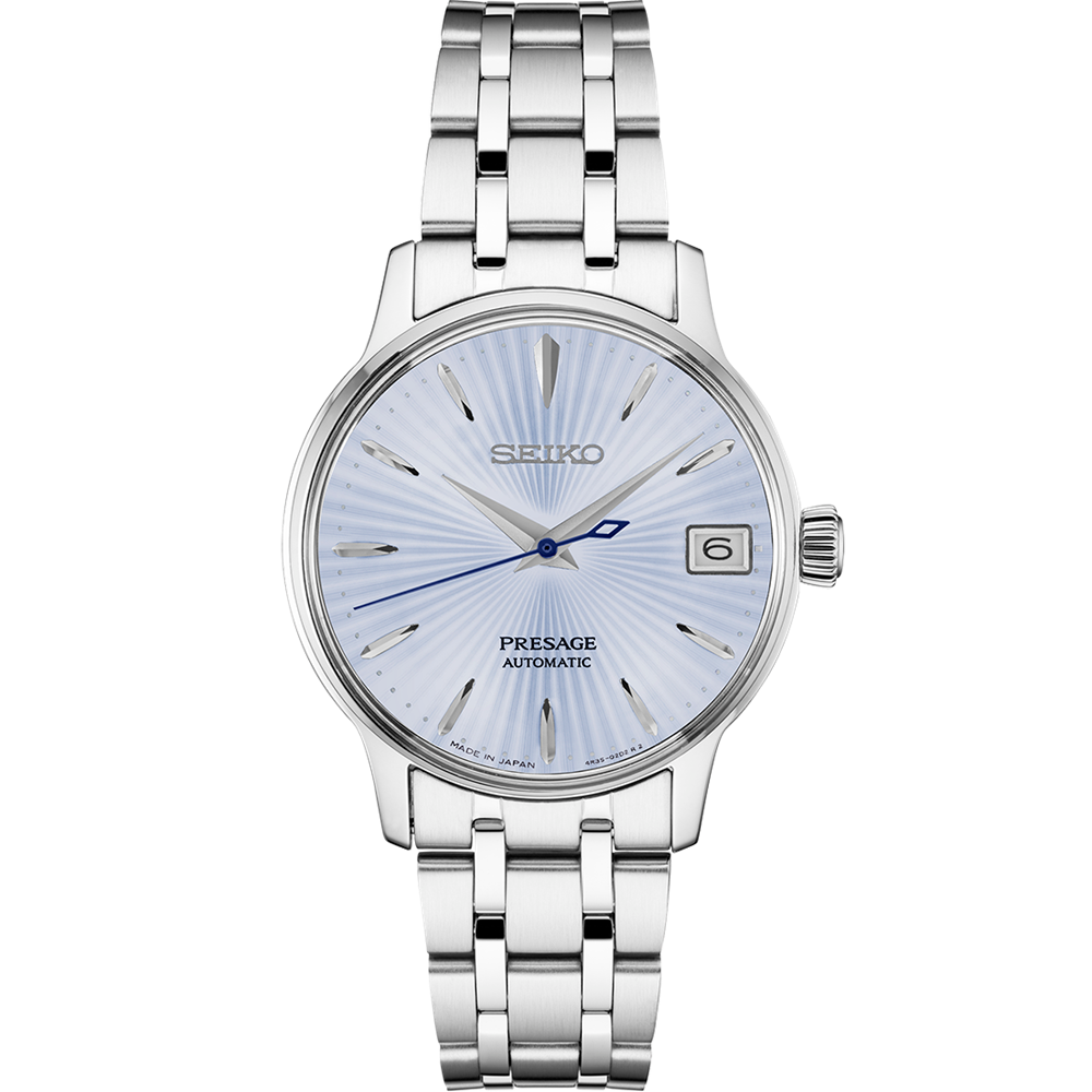 Seiko Presage watch with silver metal strap on a white background