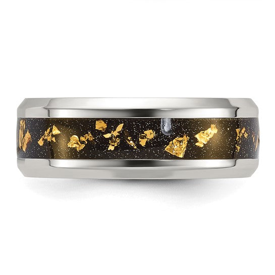 Chisel® 8mm Black and Gold Foil Inlay Stainless Steel Polished Band - Size 7 to 14