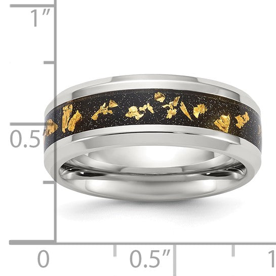 Chisel® 8mm Black and Gold Foil Inlay Stainless Steel Polished Band - Size 7 to 14