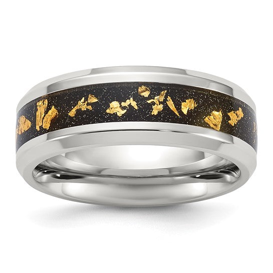 Chisel® 8mm Black and Gold Foil Inlay Stainless Steel Polished Band - Size 7 to 14