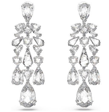 Swarovski Mesmera clip earrings, Mixed cuts, Chandelier, White, Rhodium plated 5661691