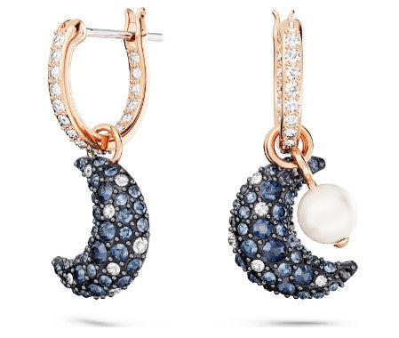Swarovski Luna drop earrings, Asymmetrical design, Moon, Multicolored, Rose gold-tone plated 5671569