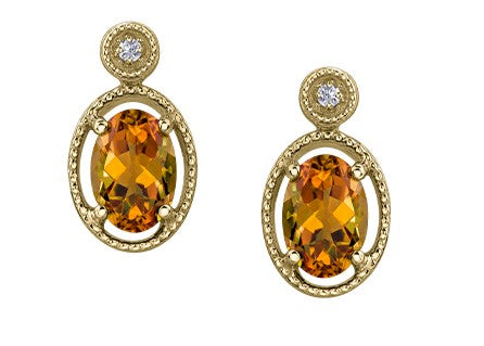 Aretes de oro amarillo de 10 quilates con citrino de 7 x 5 mm y diamantes de 0,02 quilates