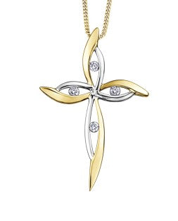 10K White and Yellow Gold 0.08 cttw Diamond Cross Pendant, 18"