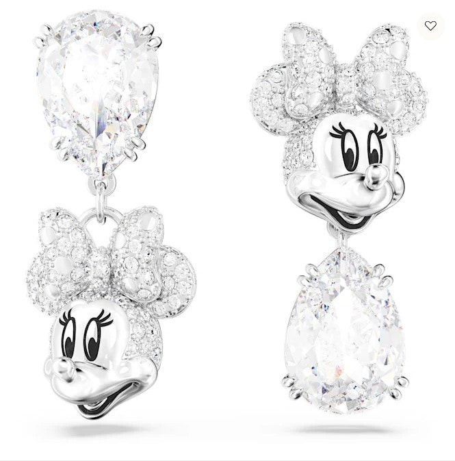 Swarovski Pendientes colgantes Disney Minnie Mouse Diseño asimétrico, Blanco, Baño de rodio 5668779 