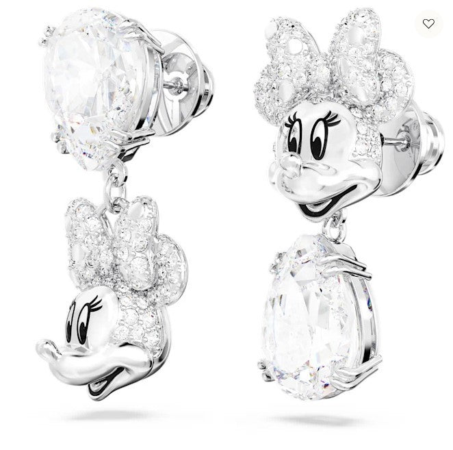 Swarovski Pendientes colgantes Disney Minnie Mouse Diseño asimétrico, Blanco, Baño de rodio 5668779 