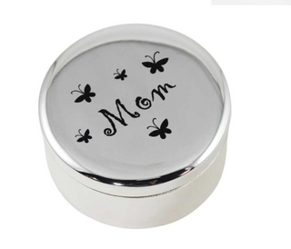 Caja de baratija redonda plateada "mamá"