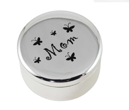 Silver Plated Round &quot;Mom&quot; Trinket Box