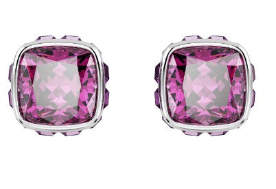 Swarovski - Birthstone stud earrings, Square cut, February, Pink, Rhodium plated - 5660797